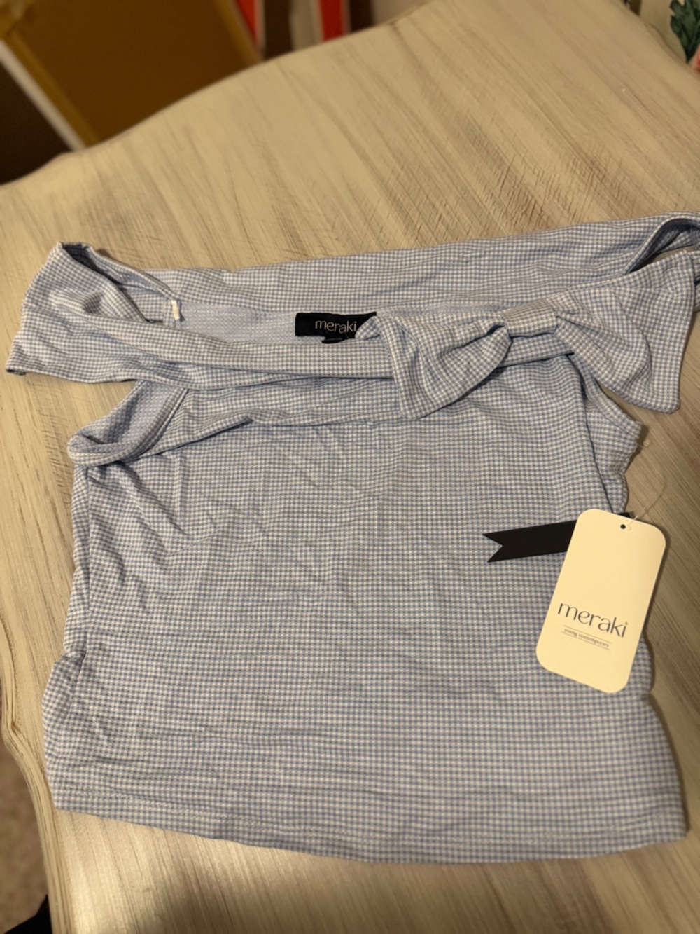 meraki Blue and White Gingham Off-Shoulder Top